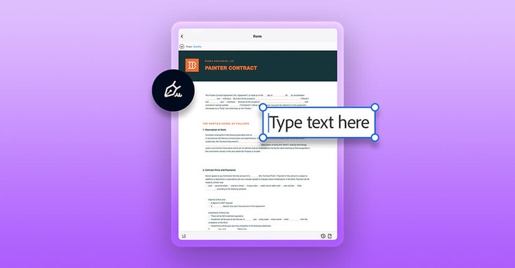 A graphic of adding text to a PDF document on a tablet device