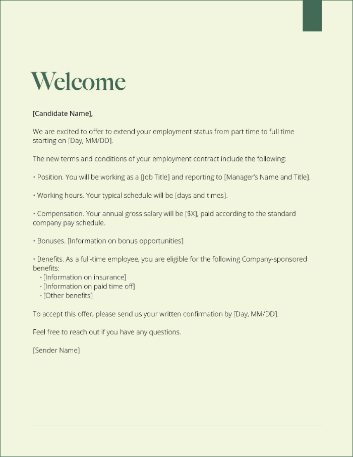 A screenshot of a free downloadable part- to full-time offer letter template.