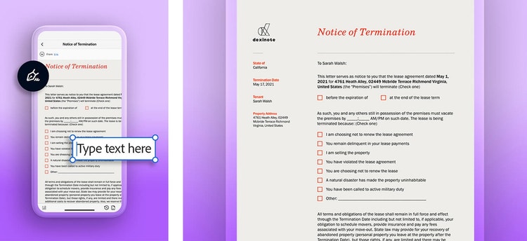 A graphic of a lease termination letter on a mobile phone next to a graphic of a lease termination letter on a tablet device