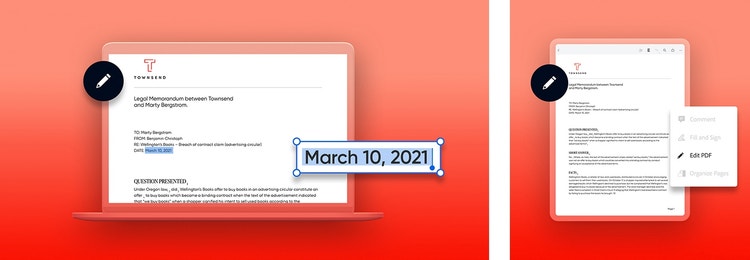 A graphic of editing a date within a legal memo document on a laptop next to a graphic of editing a PDF document on a tablet device
