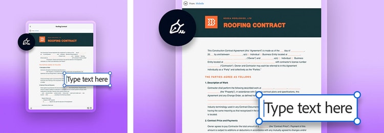 Two images: one of adding text to a roofing contract on a tablet device and one of the same thing but zoomed in