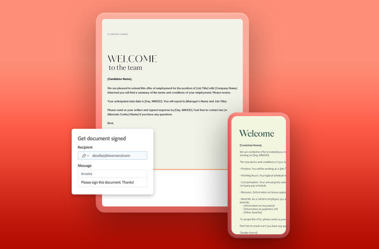 A free downloadable offer letter template preview with customizable options to fill and sign the PDF.