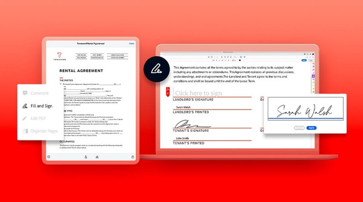 A graphic of signing a house rental agreement on a tablet device and laptop using Adobe Acrobat