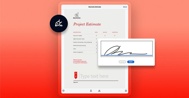 Signing a project estimate document on an iPad