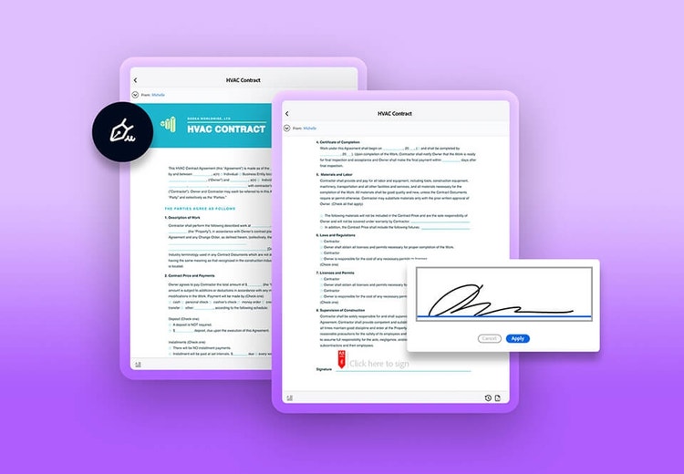 Two tablet devices next to each other, one displaying the signing of a PDF document