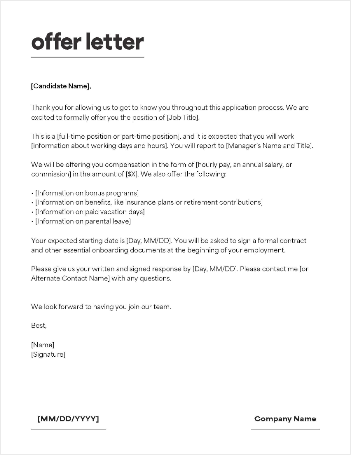 A screenshot of a free downloadable general offer letter template.