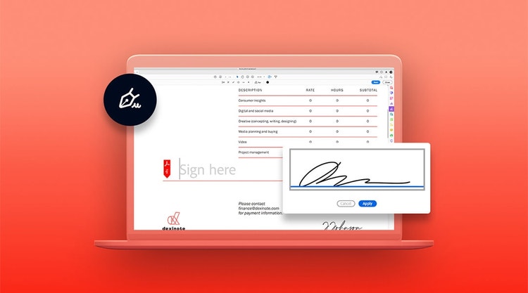 A graphic of signing a document on a Mac laptop